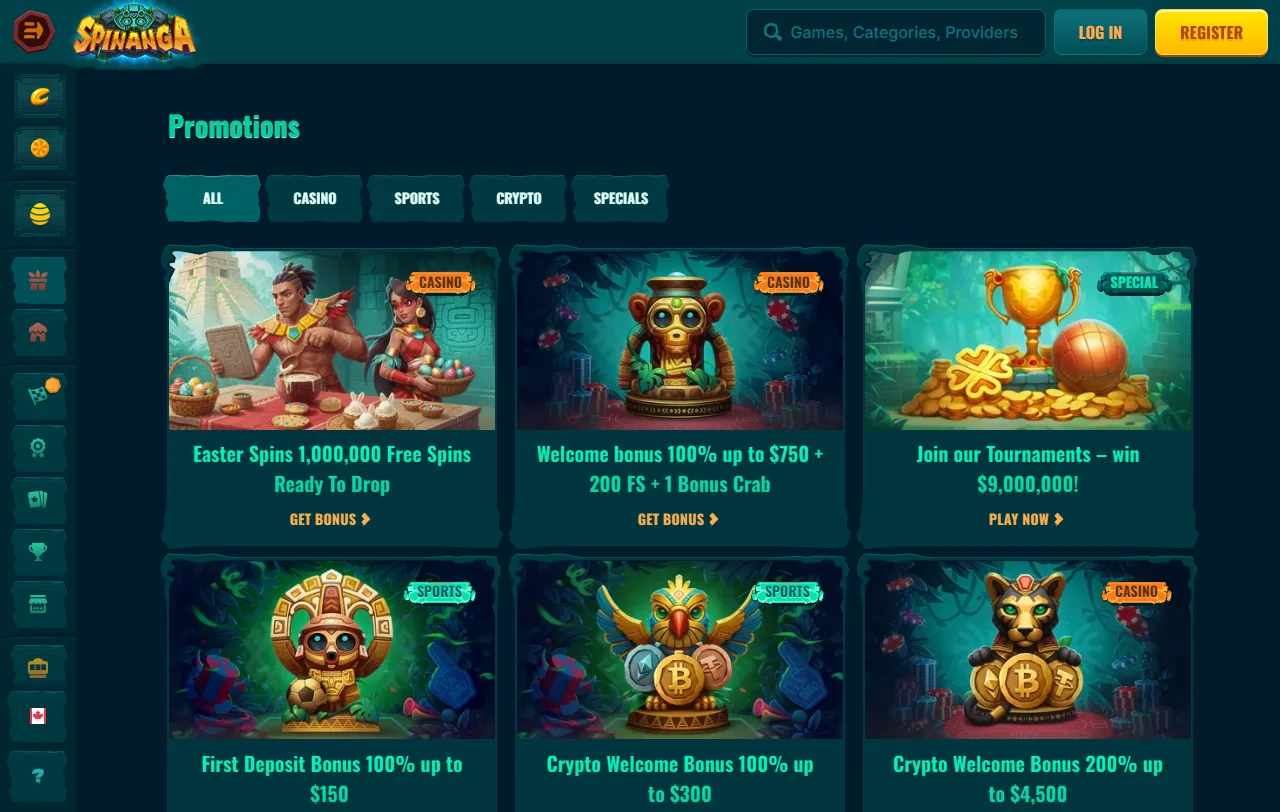 Slots and live games featured at Spinanga Casino desktop platform with provider logos and RTP information
