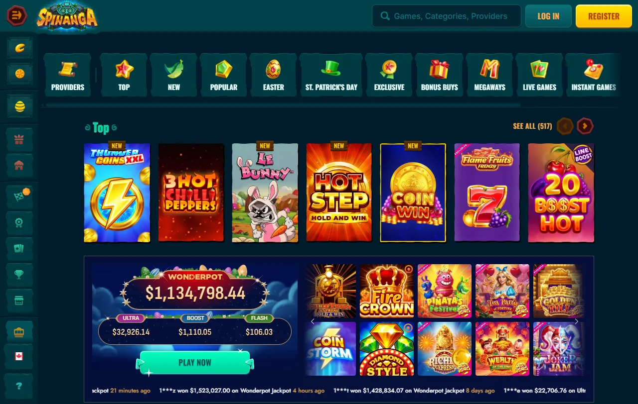 Welcome bonus and promotional offers displayed on Spinanga Casino desktop interface with bonus terms