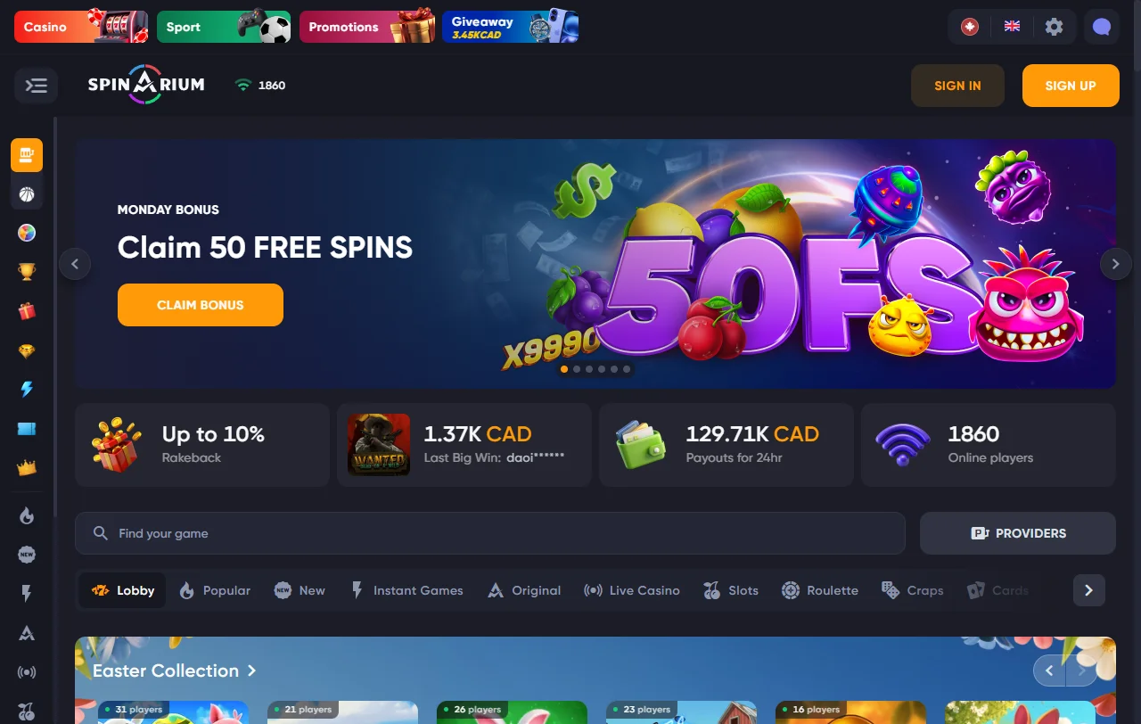 Spinarium Casino desktop interface showing complete game library and account dashboard for Australian players