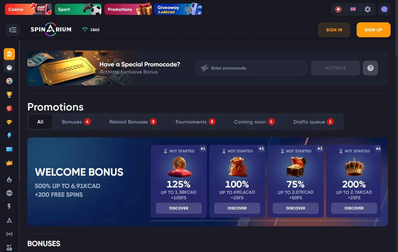 Slot games and live dealer tables featured at Spinarium Casino across multiple software providers