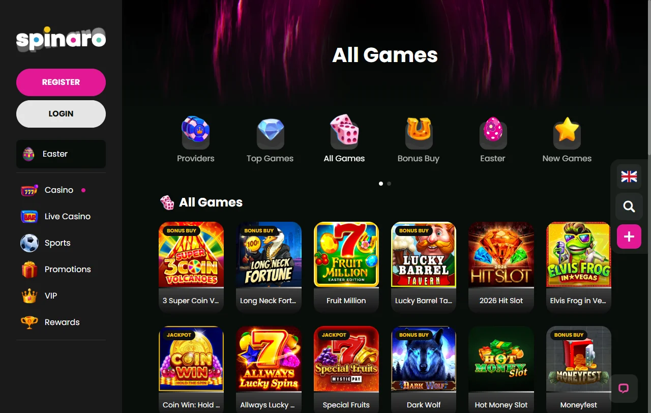 Spinaro Casino game selection displaying slot titles, table games, and live dealer options from established software providers