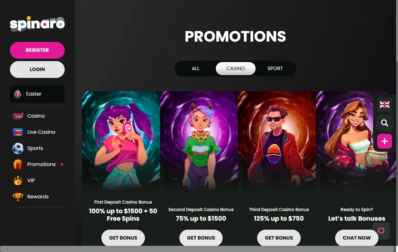 Spinaro Casino welcome bonus offer showing approximately 100% match up to 500 AUD plus free spins promotion details