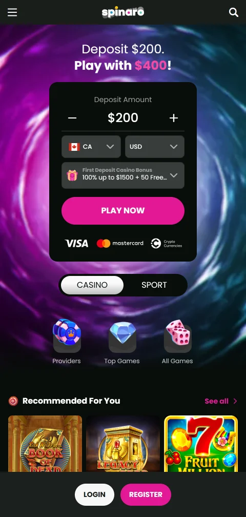 Spinaro Casino mobile browser interface optimised for iOS and Android devices with responsive game access and touch controls