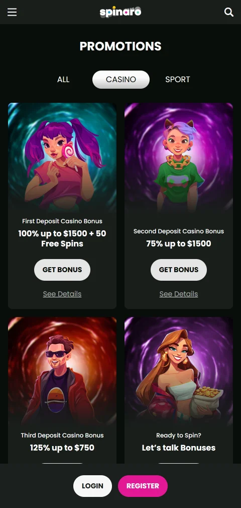 Spinaro Casino security features displaying SSL encryption, licensing information, and responsible gaming tools on mobile platform