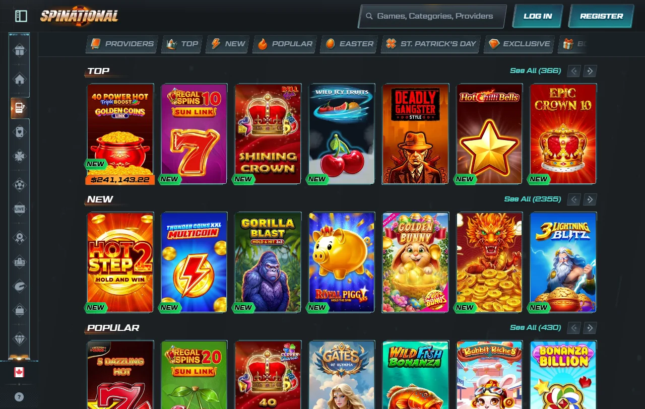 Spinational Casino game library featuring slots, table games and live dealer entertainment options