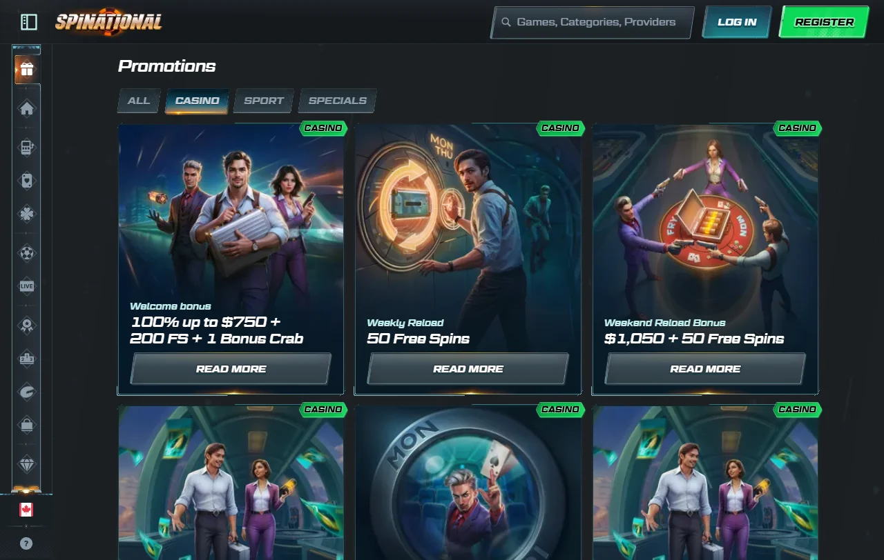 Spinational Casino welcome bonus offers and promotional packages for new player registration