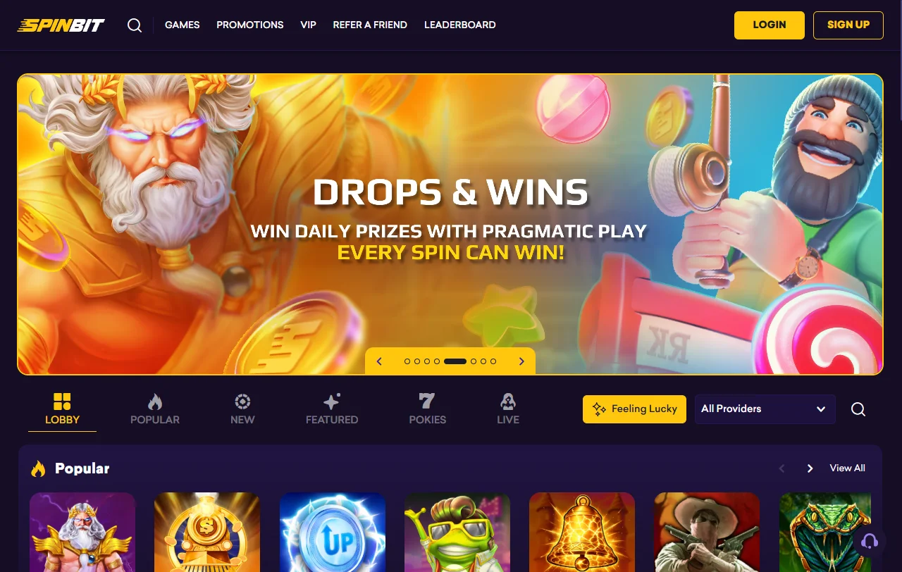 Spinbit Casino desktop platform overview showing complete game library and navigation interface