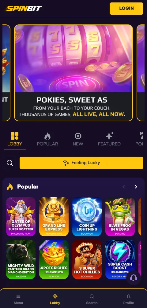 Spinbit Casino mobile browser experience with responsive game grid and touch-optimised controls