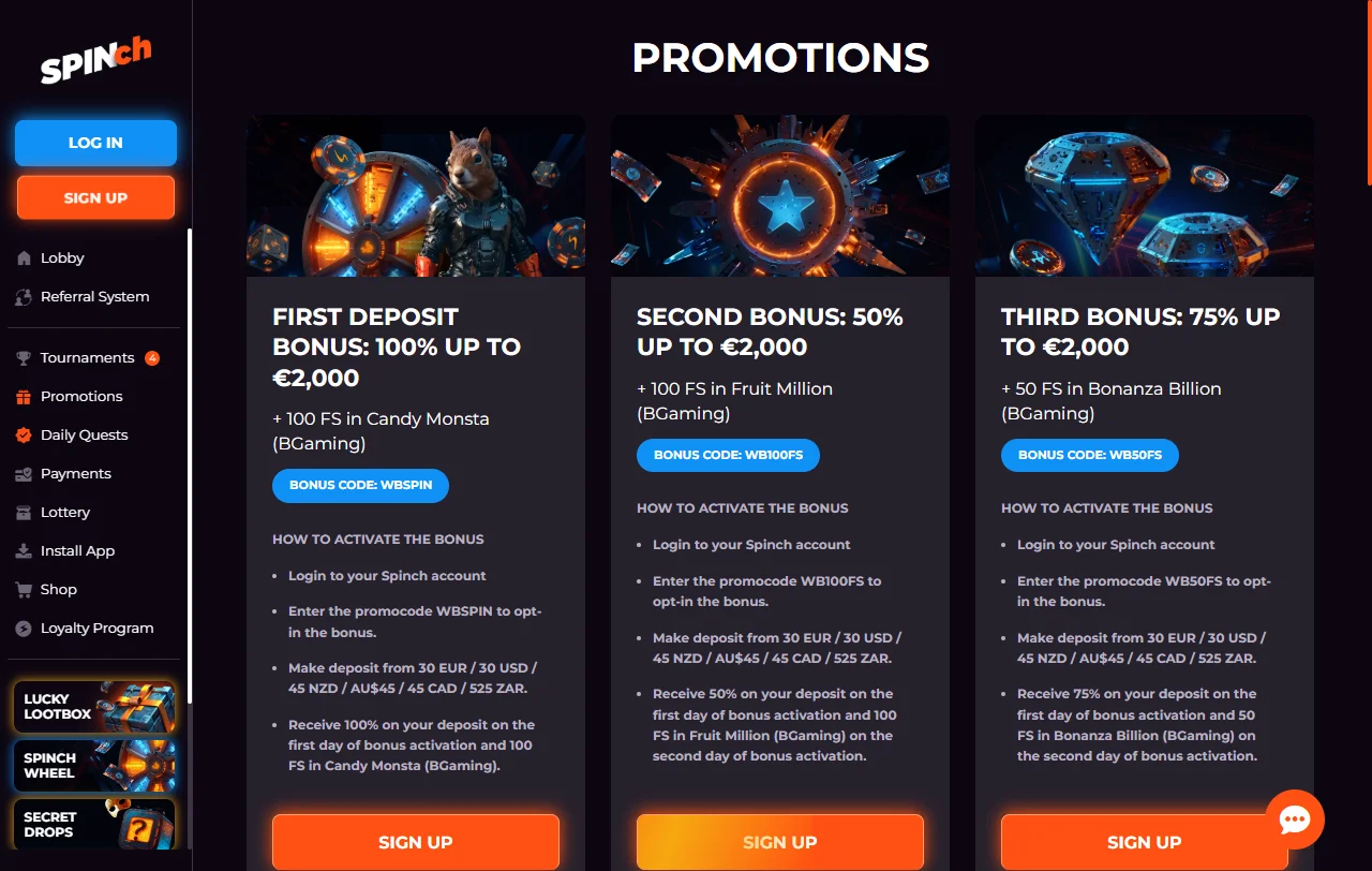 Spinch Casino game library featuring slots, table games and live dealer titles from multiple providers