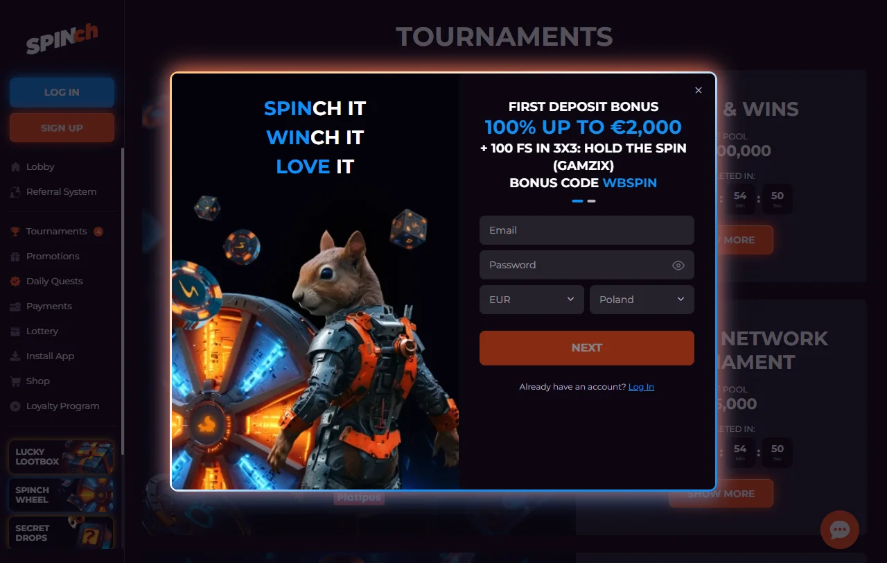 Spinch Casino welcome bonus and promotional offers including free spins and deposit matching