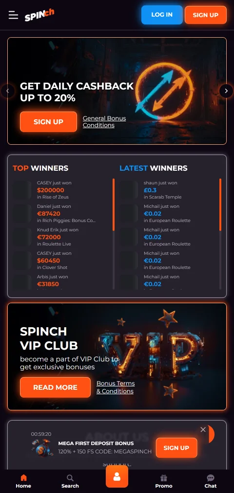 Spinch Casino responsive mobile browser experience providing full game access on iOS and Android