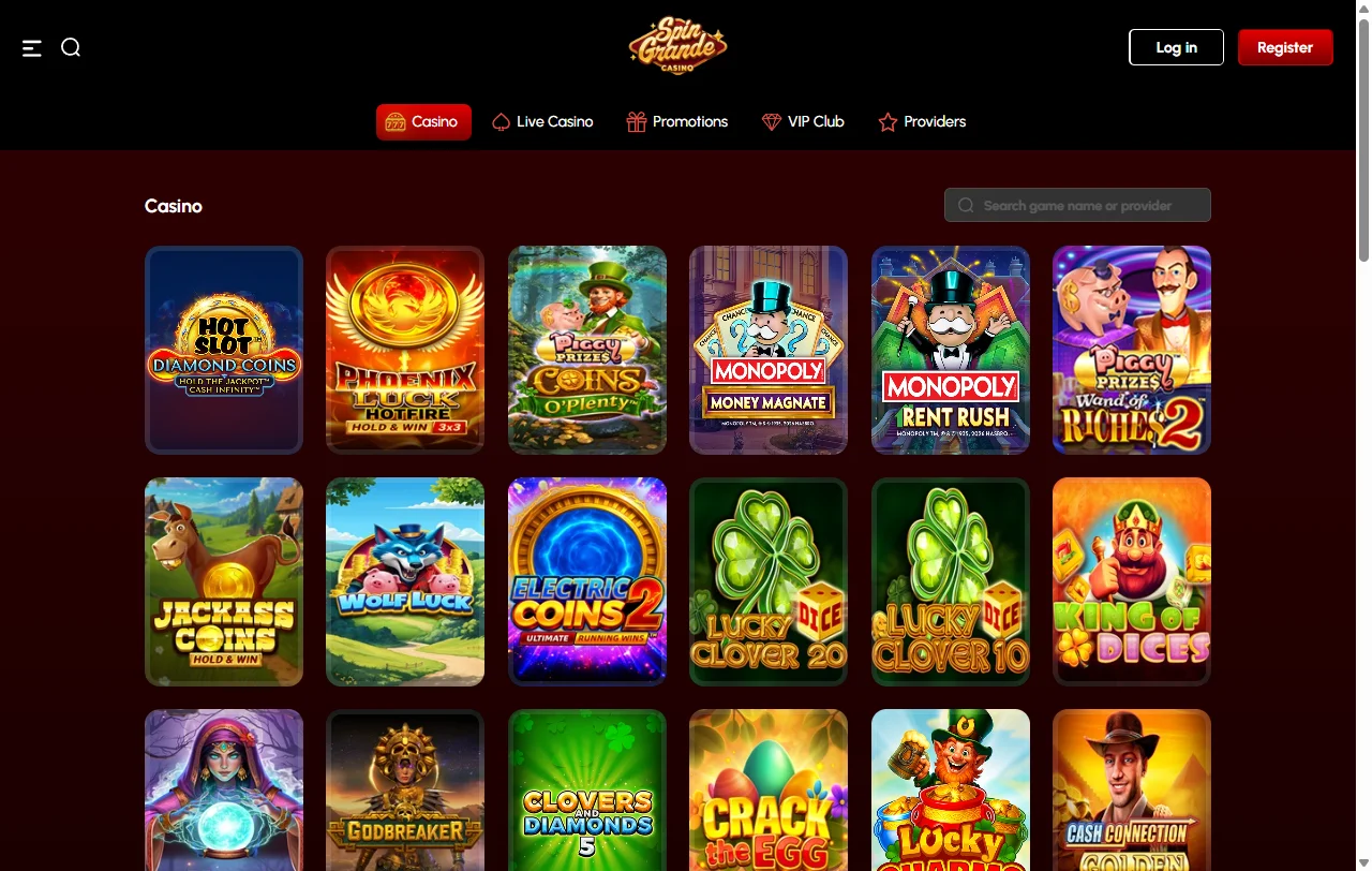Online slots, table games and live dealers available at SpinGrande Casino Australia