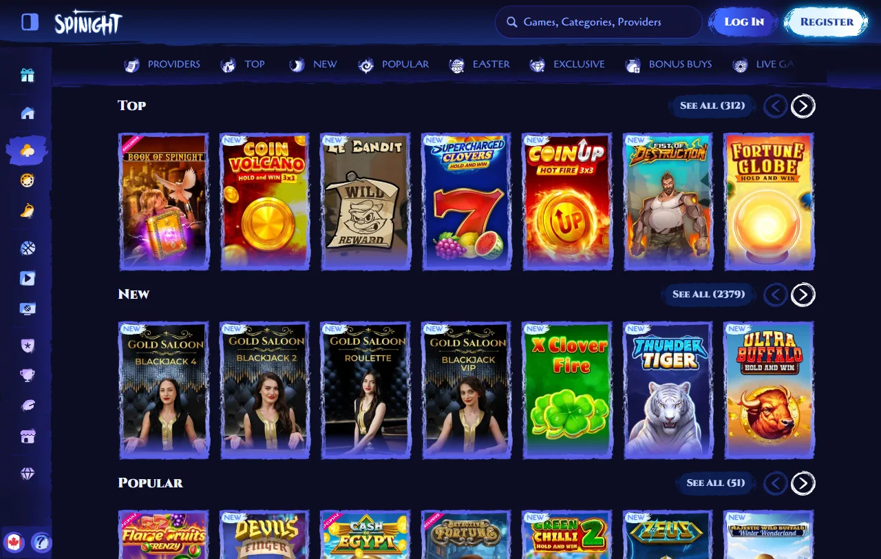 Spinight Casino game library featuring slots, table games and live dealer options