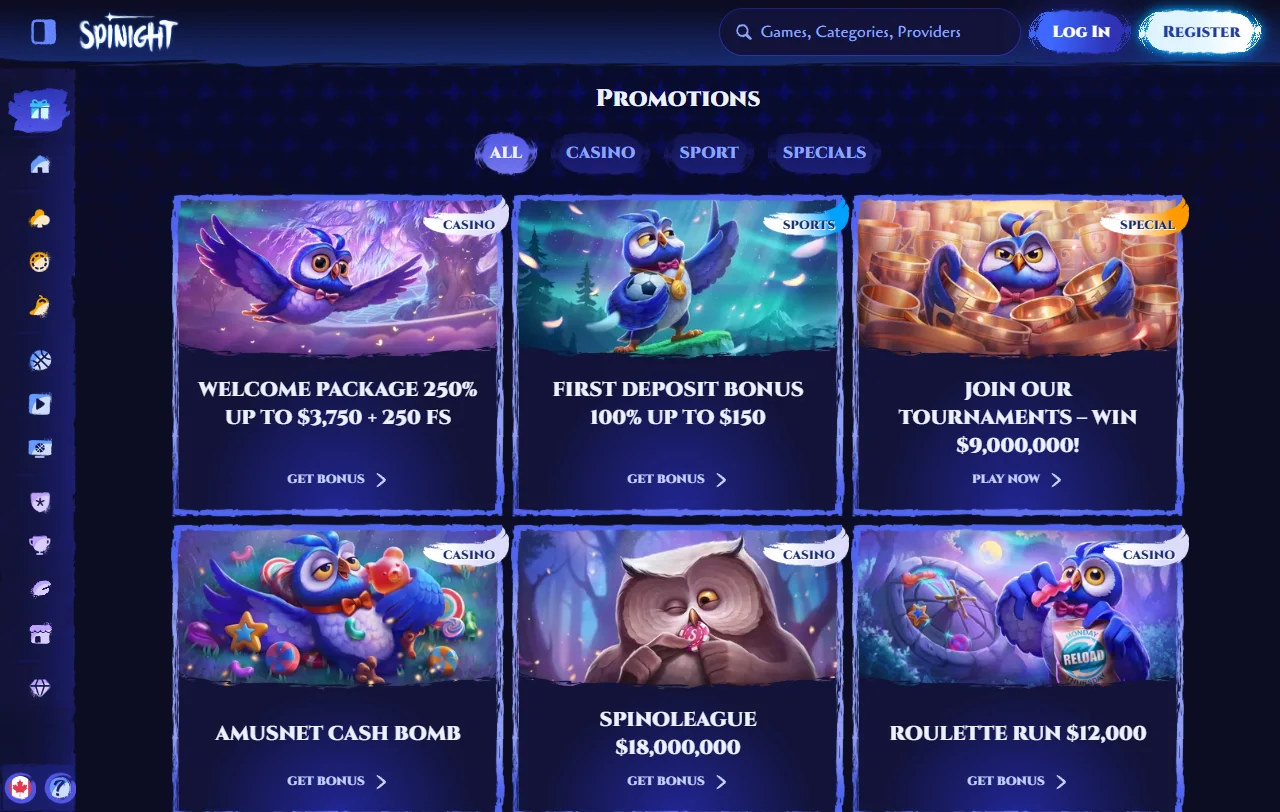 Spinight Casino welcome bonus offers and promotional calendar for new players