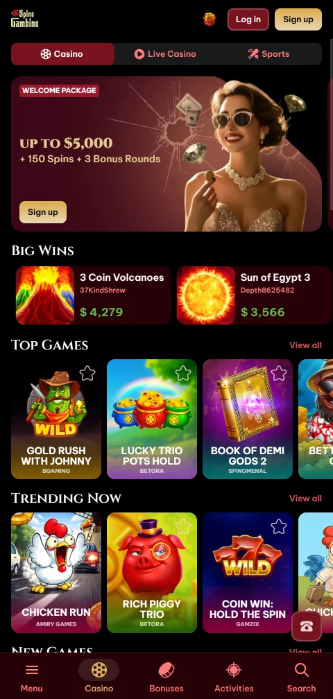 Spinogambino Casino mobile gaming experience—responsive browser design accessible across iOS and Android devices