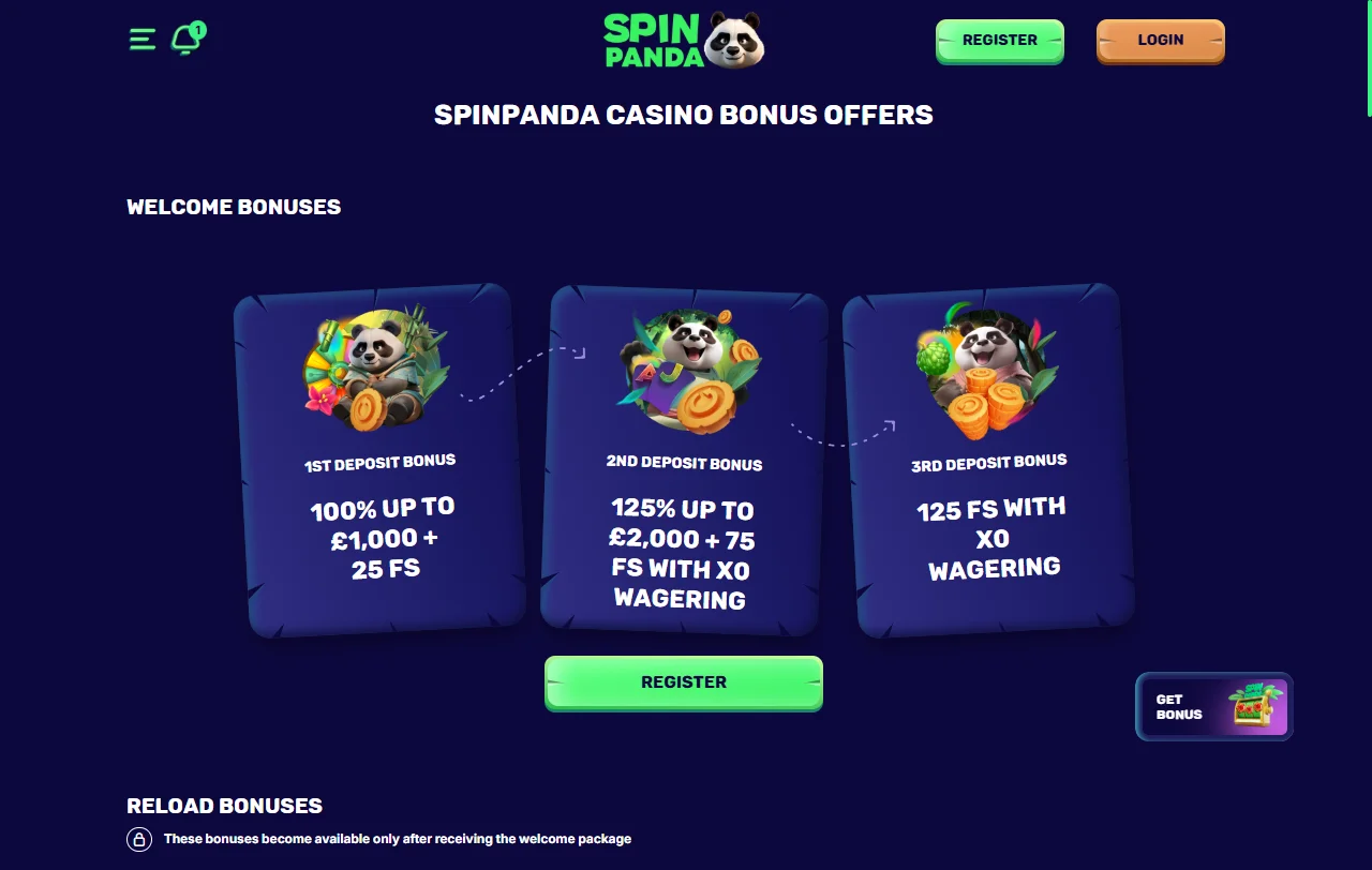 Game library showcase at SpinPanda Casino displaying slots, table games, and live dealer offerings from 80+ providers