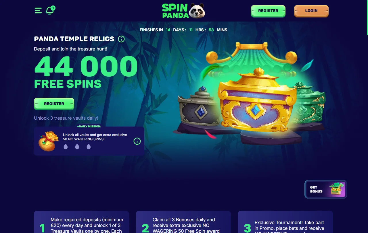 SpinPanda Casino welcome bonus package and promotional offers including 100% match up to AUD $1,000 plus free spins