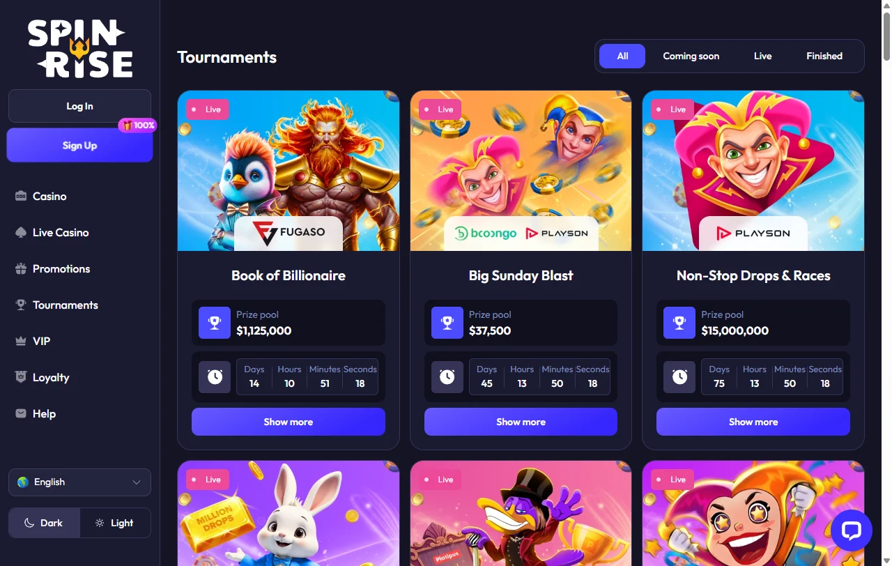 Welcome bonus promotions and loyalty rewards structure at Spinrise Casino
