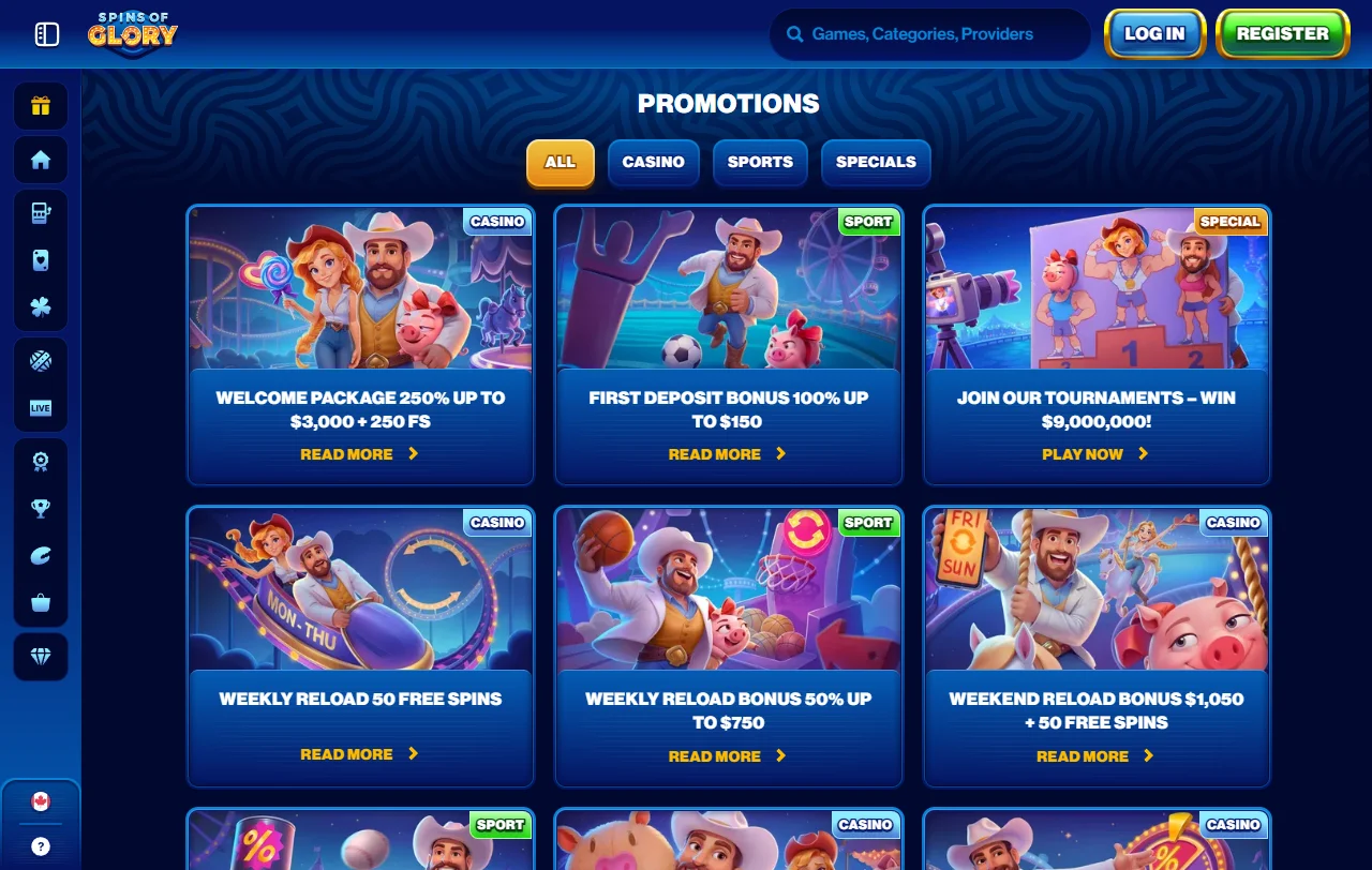 Game selection and software providers featured at Spins of Glory Casino