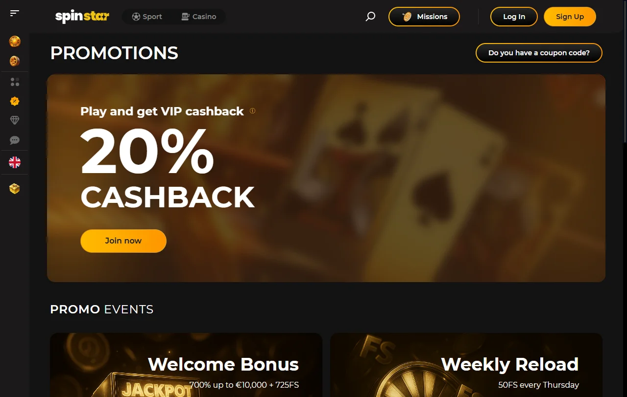 SpinStar Casino game library displaying slots, table games and live dealer categories with provider selection