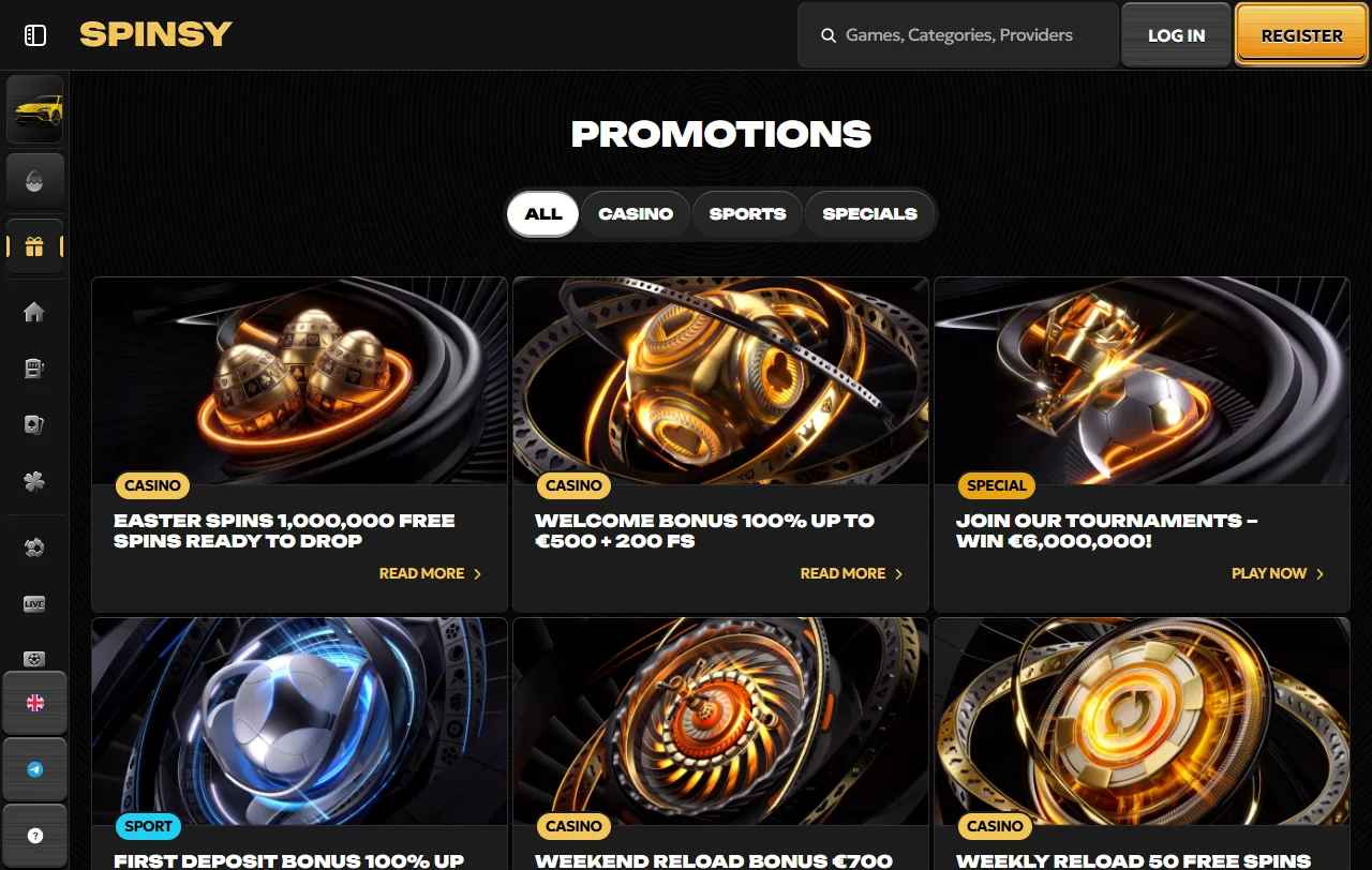 Spinsy Casino game library featuring slots, table games and live dealer offerings