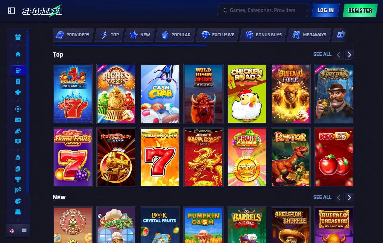 Slots and live dealer games featured at Sportaza Casino with provider partnerships