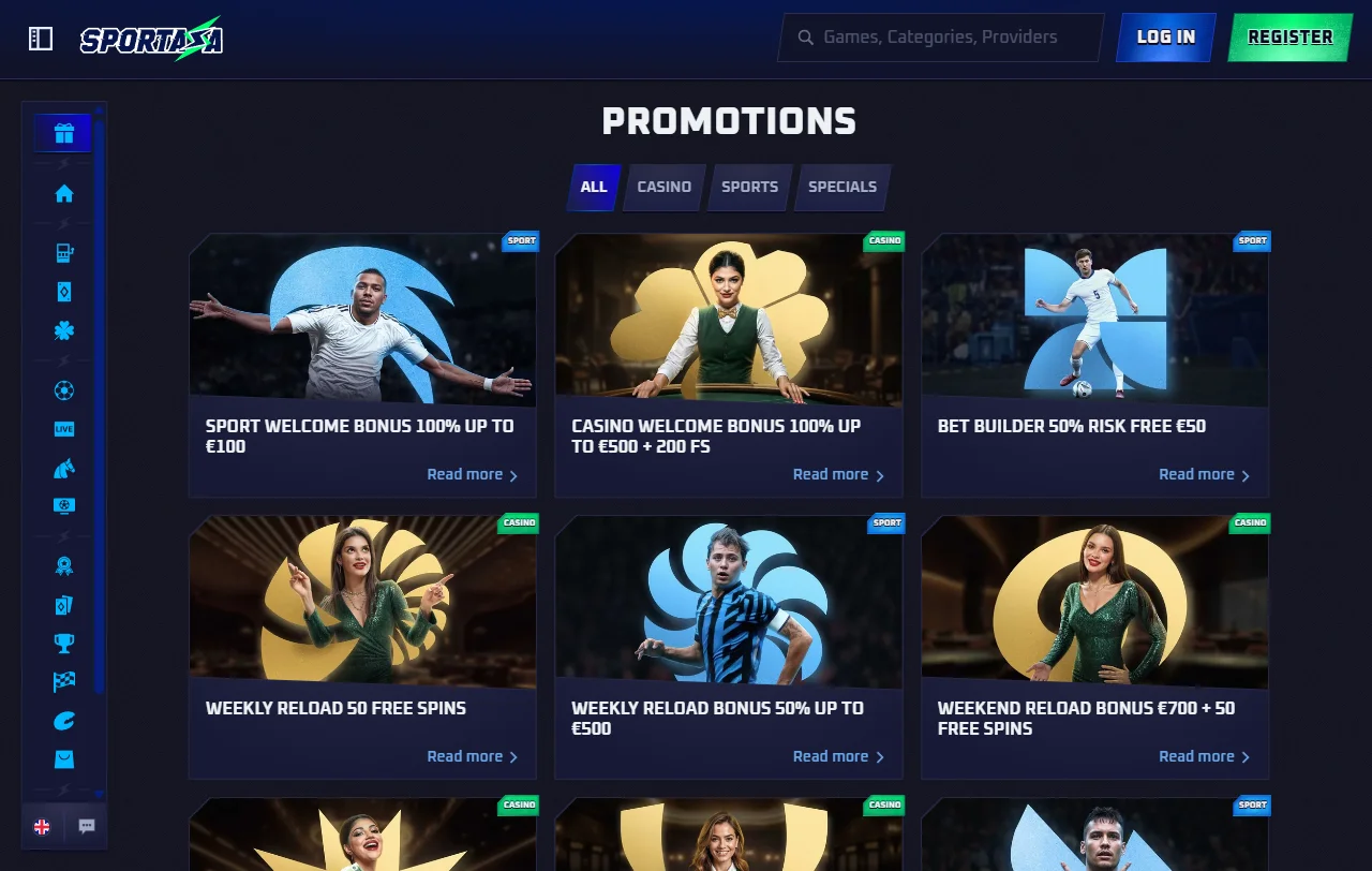 Welcome bonus promotion and ongoing offers displayed at Sportaza Casino