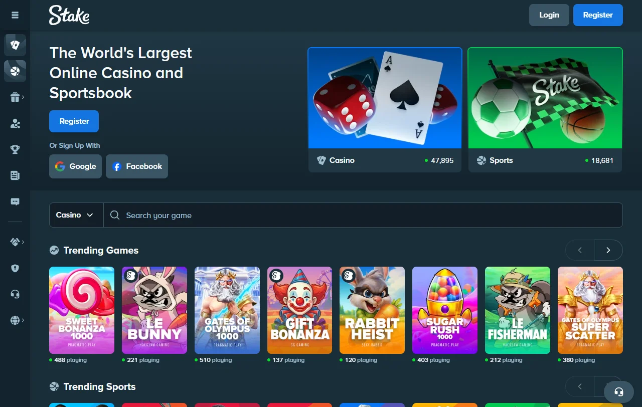 Stake Casino comprehensive review interface showing full platform layout and game categories