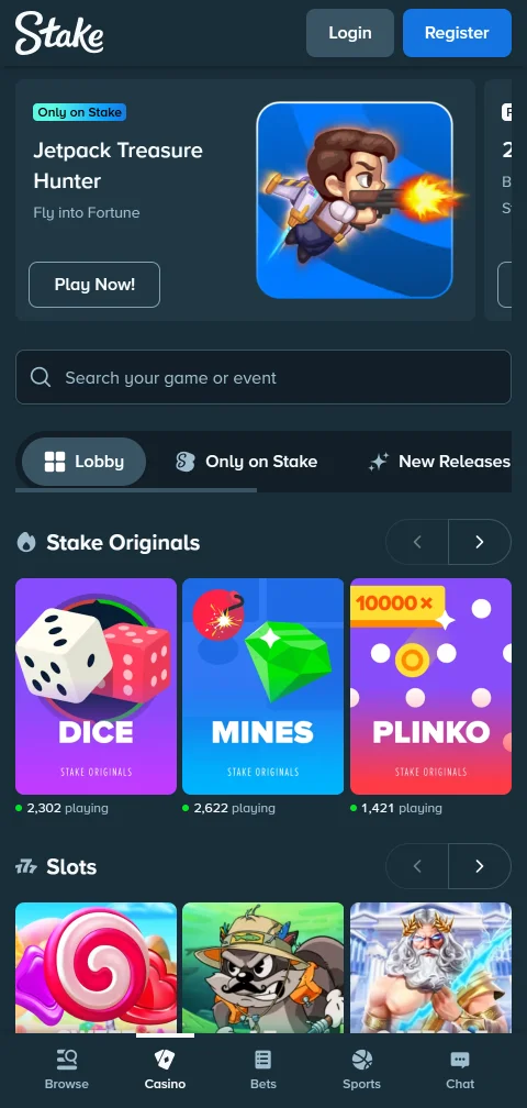 Stake Casino banking section displaying deposit and withdrawal methods including cryptocurrency options