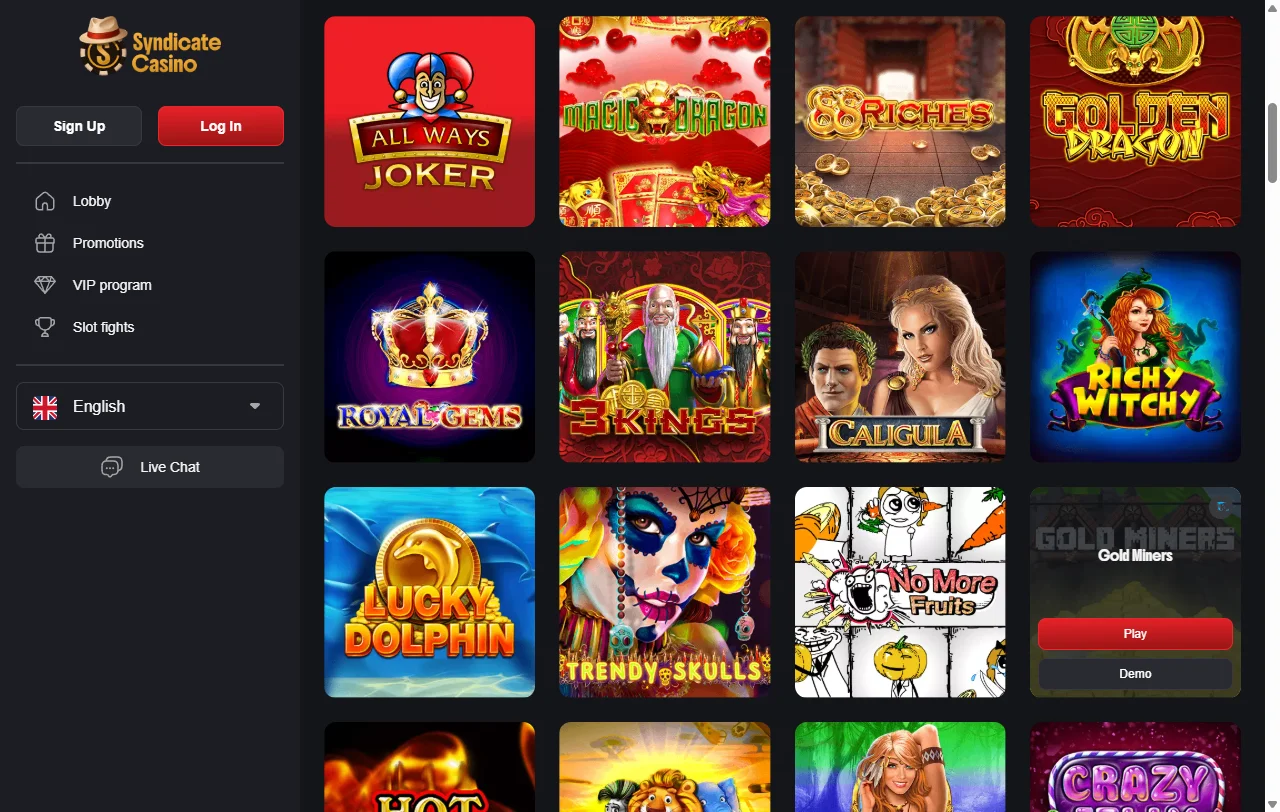 Game library and software providers at Syndicate Casino featuring 5,000+ titles from Pragmatic Play and Evolution Gaming