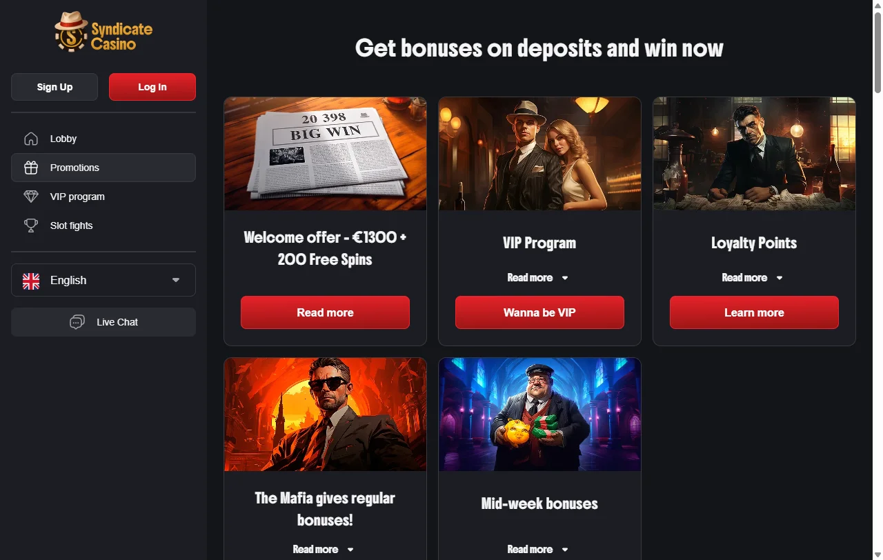 Welcome bonus promotions at Syndicate Casino offering 150% match and free spins for new player registration