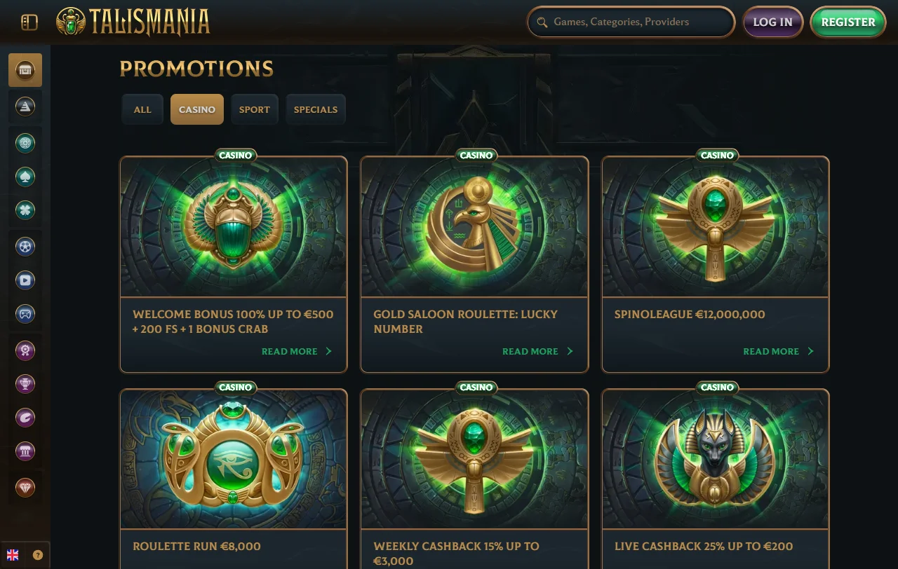 Talismania Casino slots, table games and live dealer gaming library with provider information