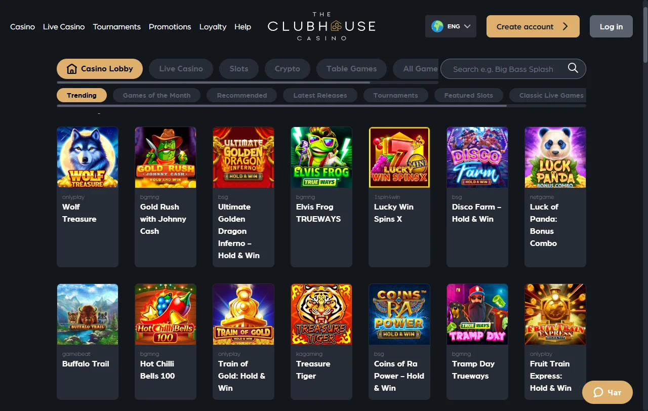Slot games and live dealer offerings available at The Clubhouse Casino with provider logos and filtering options
