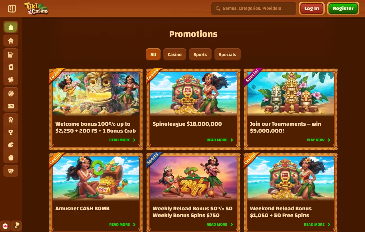 Game library featuring Pragmatic Play, Evolution Gaming and NetEnt titles at Tiki Casino