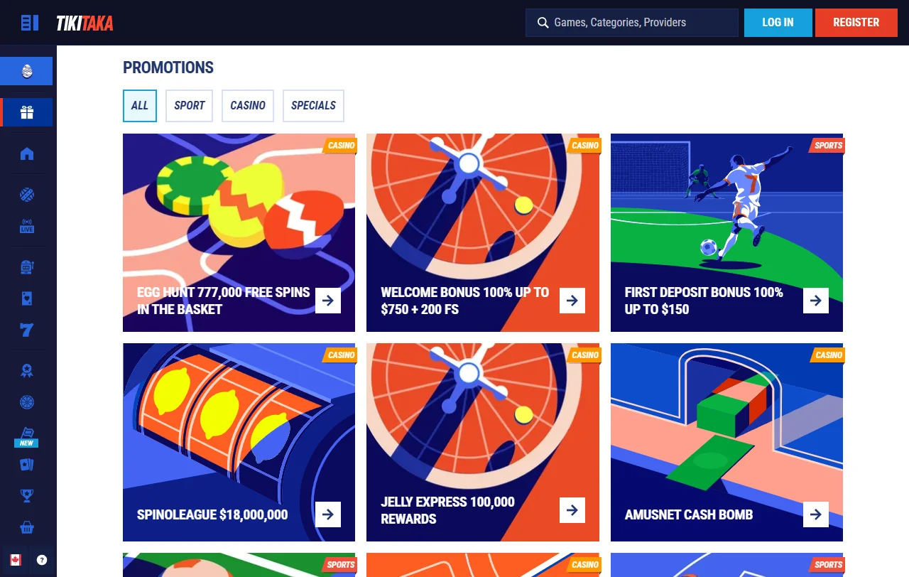 Welcome bonus structure and promotional calendar offering approximately 100% match plus free spins