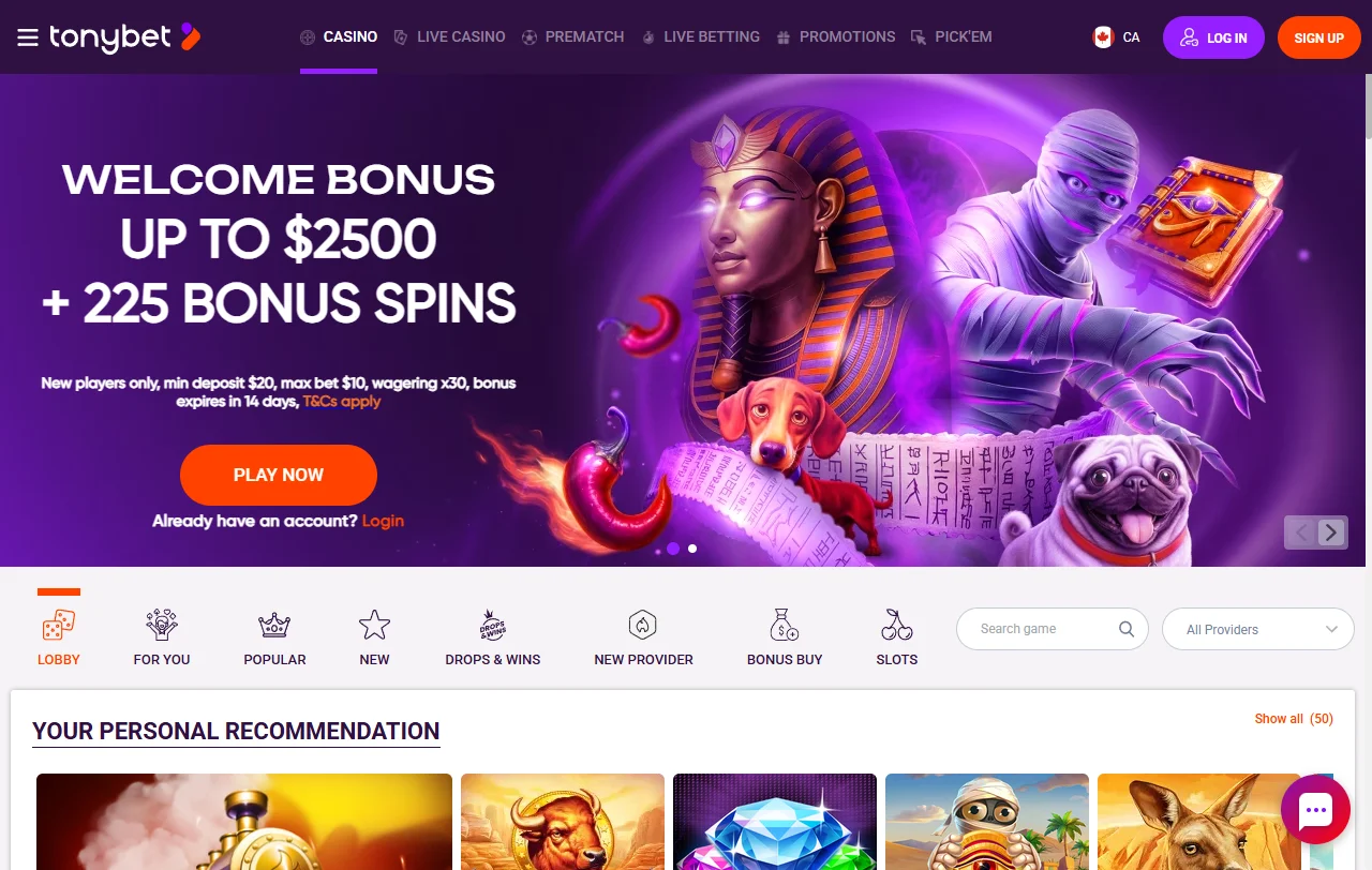 Tonybet Casino game library showcasing slots, table games, and live dealer titles from major providers