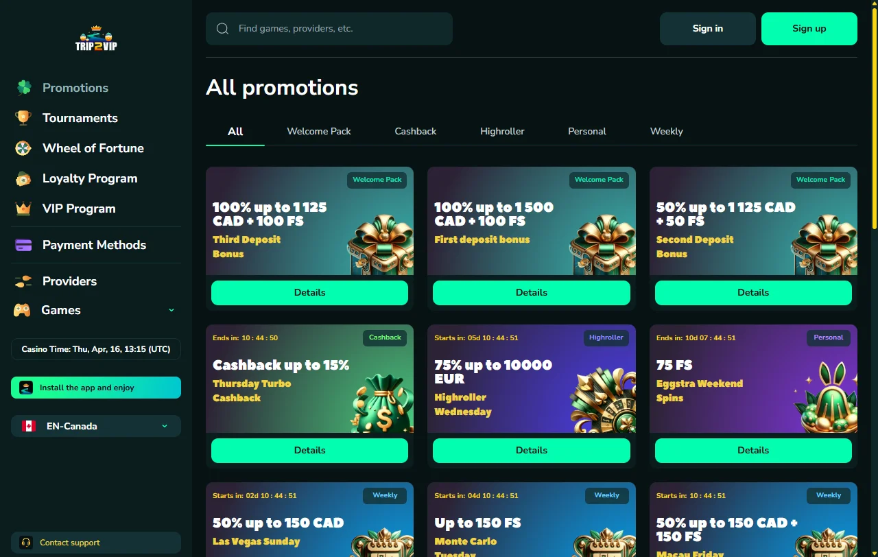 Game selection at Trip2Vip Casino featuring 5,000+ titles from major software providers including Pragmatic Play and Evolution Gaming