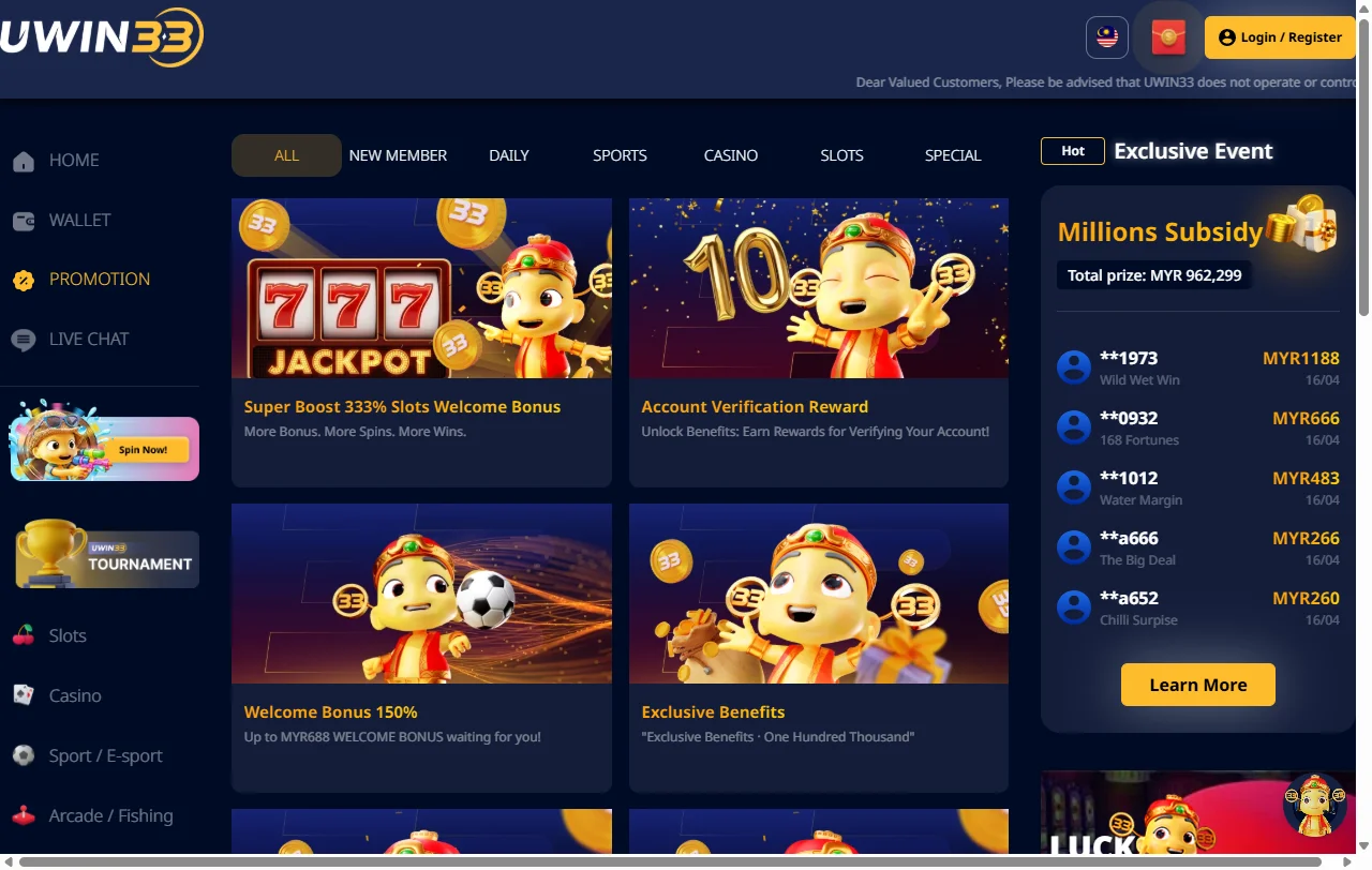 Uwin33 Casino game library featuring 3,000+ titles from Evolution Gaming and Pragmatic Play
