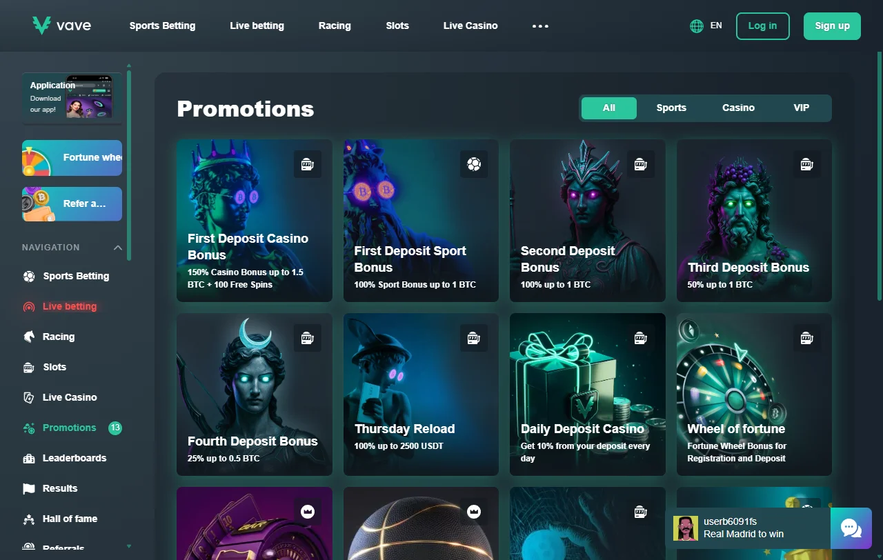 Live dealer and slot games available at Vave Casino across multiple software providers and categories