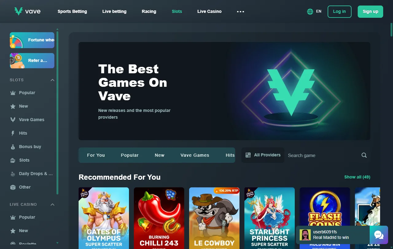 Welcome bonus structure and promotional offers featured at Vave Casino for new player deposits