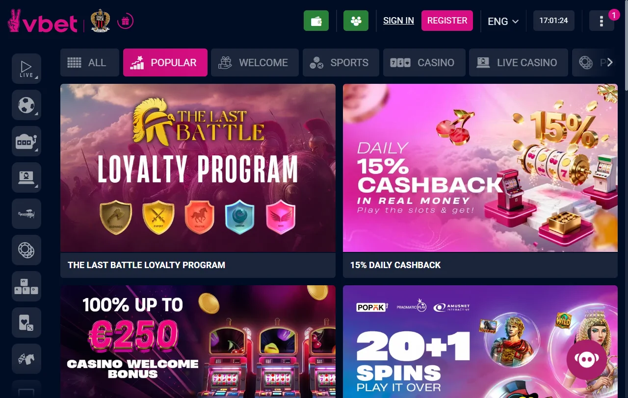 Online slots, table games and live dealer offerings at Vbet Casino gaming platform