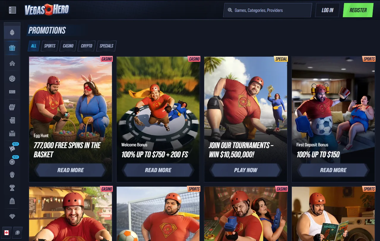 Extensive game library at Vegas Hero Casino featuring slots, table games and live dealer titles from multiple software providers