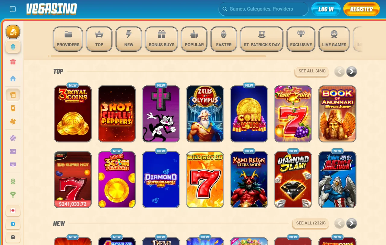 Game library and software providers at Vegasino Casino featuring Pragmatic Play and Evolution Gaming titles