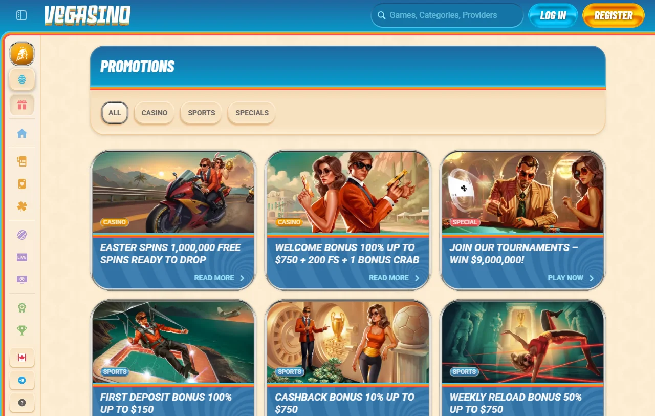 Welcome bonus and promotional offers available to new players at Vegasino Casino
