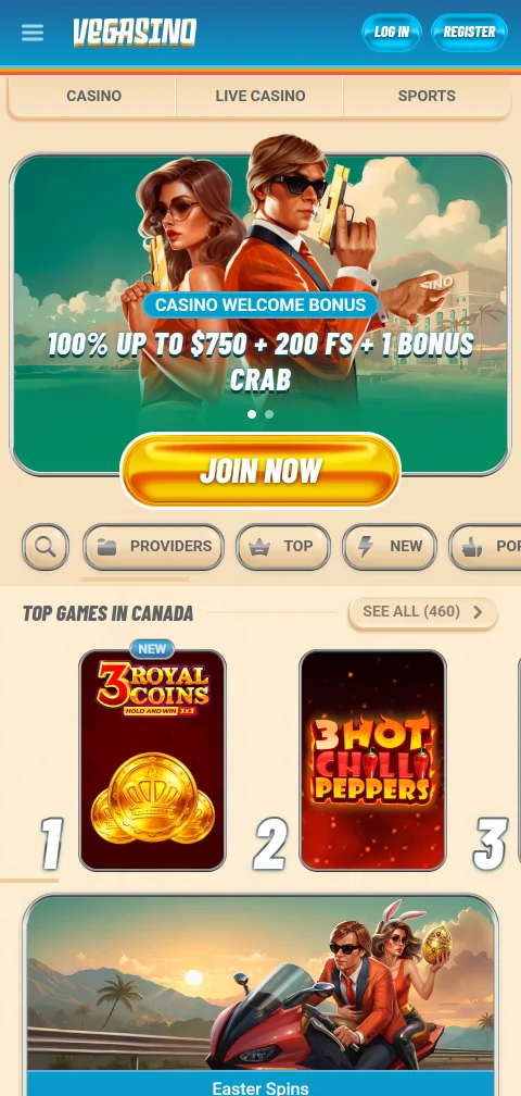 Vegasino Casino mobile browser access providing full game library on iOS and Android devices
