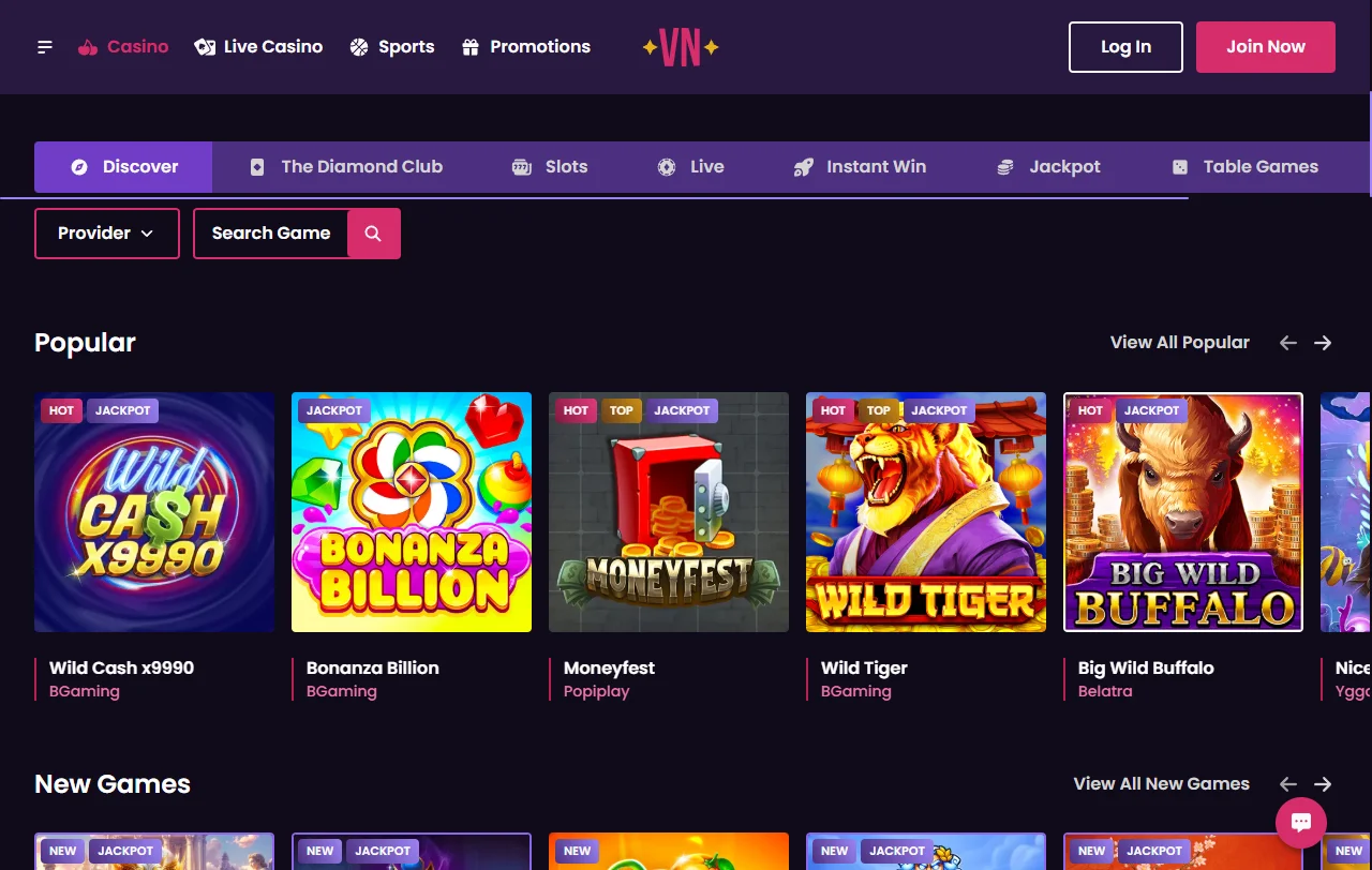 VegasNow Casino game library showcasing 3,500+ titles from Pragmatic Play, Evolution Gaming, and additional providers
