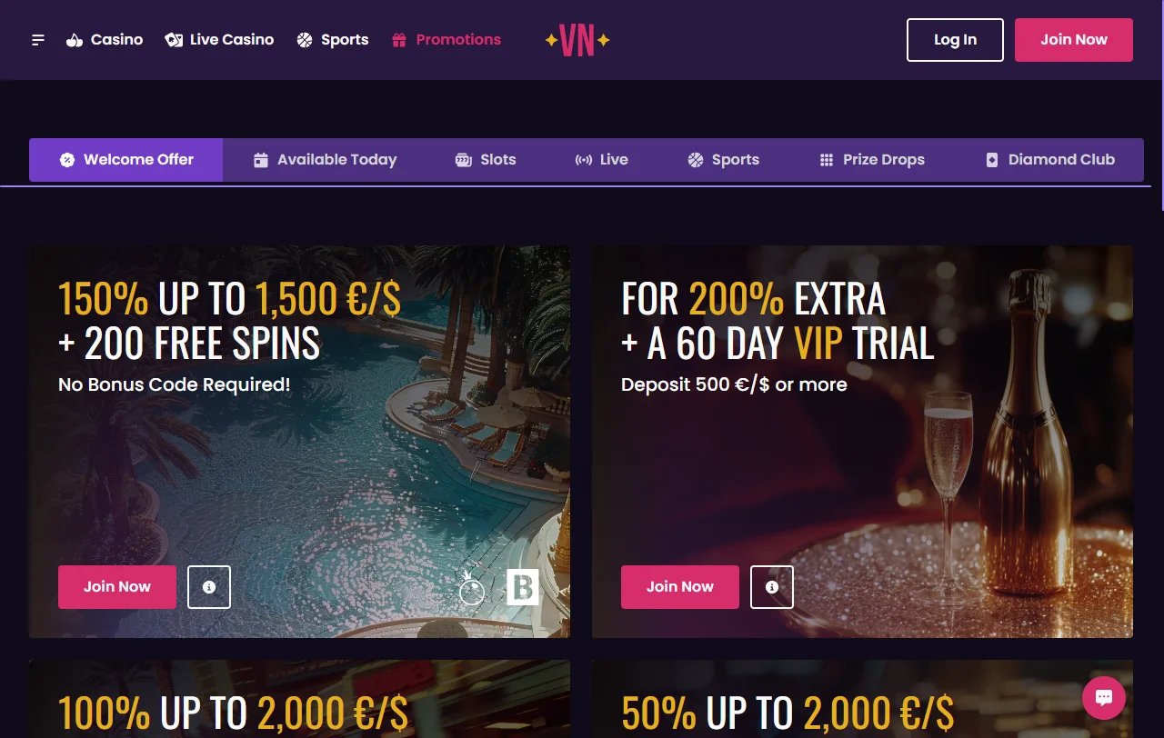VegasNow Casino welcome bonus structure featuring 100% match up to AUD $1,000 and promotional offers