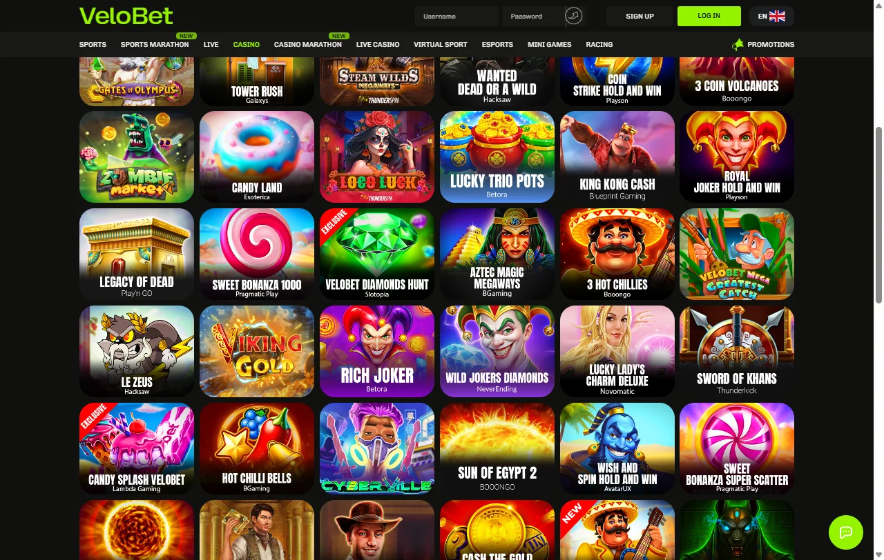 Velobet Casino game library featuring slots and live dealer titles from Pragmatic Play and Evolution Gaming