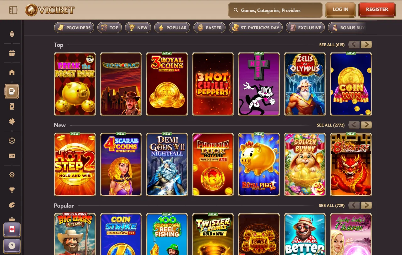 Entertainment library at ViciBet Casino featuring 3,500+ slots and table games from Evolution Gaming and Pragmatic Play