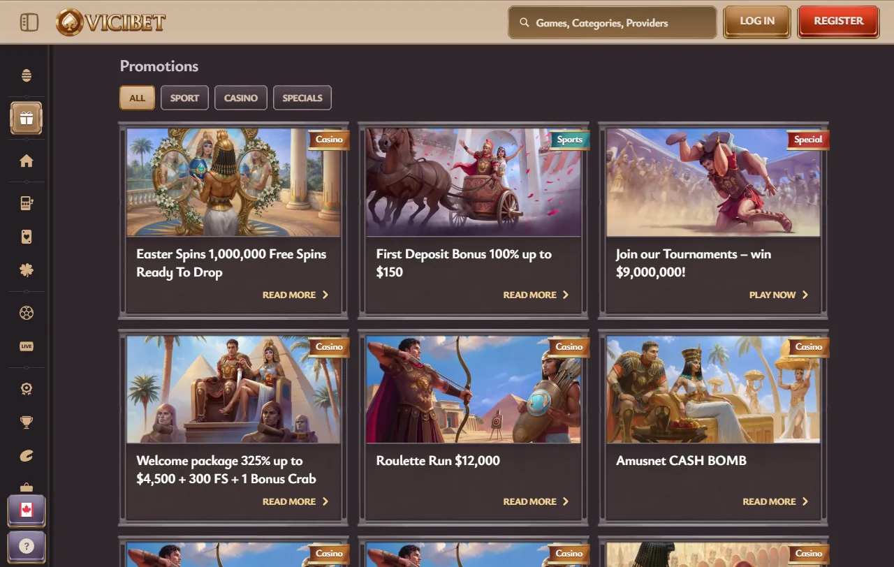 ViciBet Casino promotional offers including 100% welcome bonus up to AUD 500 and free spins packages